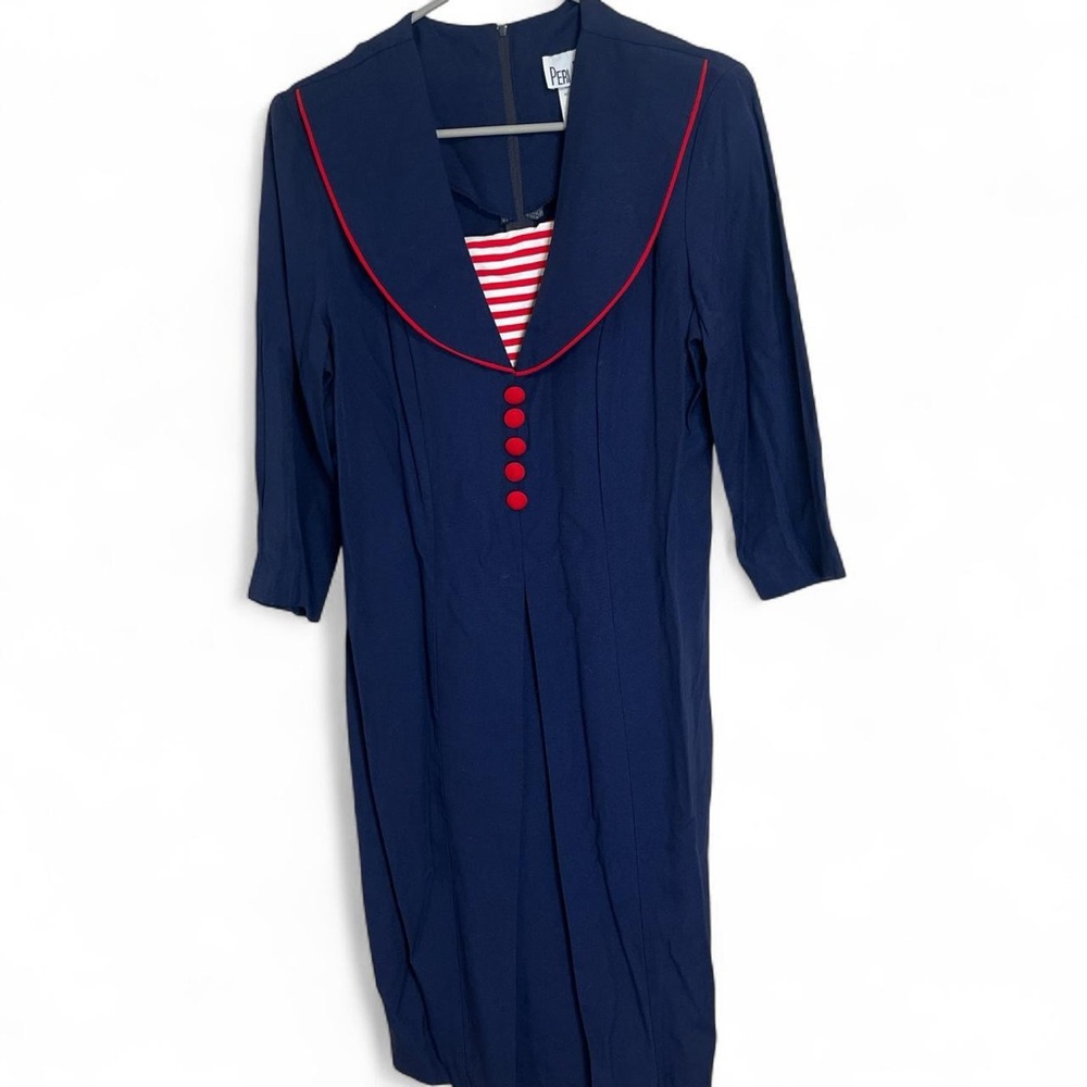 Patra Navy Long Sleeve Dress with Red Details